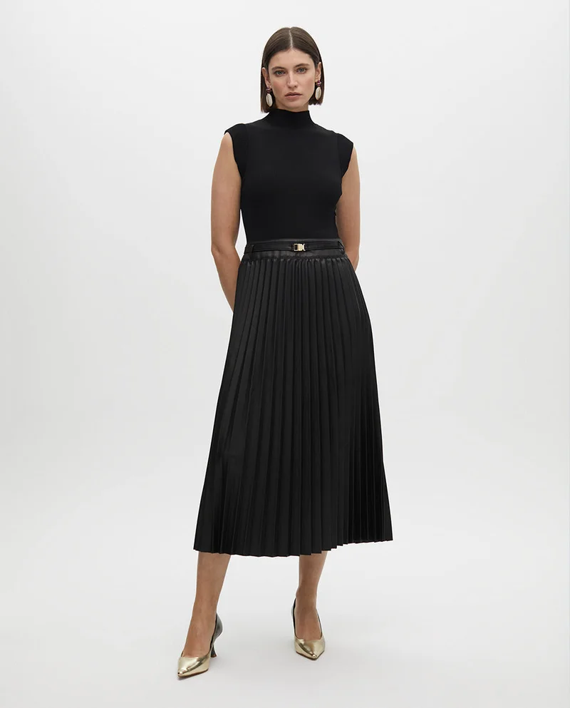 لولا كساديمونت Midi Dress with Leather Effect Pleated Skirt